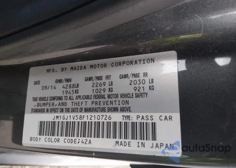 2015 Mazda Mazda6 I Touring z USA, uszkodzony, nr VIN JM1GJ1V58F1210726